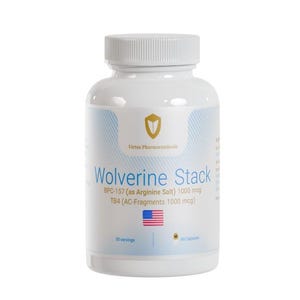 May include: A white supplement bottle with a white lid. The label reads "Wolverine Stack" with additional text and an American flag. The bottle contains 60 capsules.