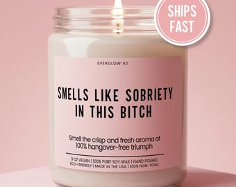 Può includere: Una candela accesa in un barattolo di vetro trasparente con un'etichetta rosa che dice "SMELLS LIKE SOBRIETY IN THIS BITCH". La candela è da 255g ed è fatta con cera di soia. Un cerchio rosa con "SHIPS FAST" è in alto a destra.
