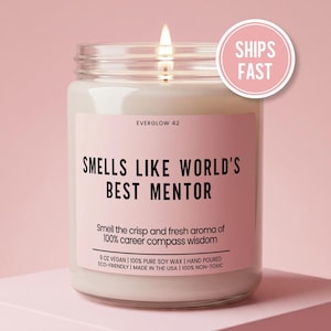 May include: A lit, clear glass jar candle with a pink label that reads "SMELLS LIKE WORLD'S BEST MENTOR." The candle is 9 oz and made with vegan, pure soy wax. The text "SHIPS FAST" is on a pink circle.