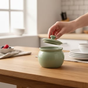May include: A light green ceramic jar with a matching lid is being opened. The jar is round with a small handle on the lid. The jar is sitting on a wooden table. A small bowl of berries is in the background.