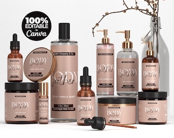 Plantillas editables para etiquetas cosméticas, etiquetas personalizadas para productos corporales, etiquetas para productos de cuidado de la piel para hacer tú mismo, diseño de productos de belleza, etiquetas con gotero - Cacao