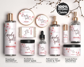 Plantillas editables de etiquetas florales para cosméticos, etiquetas envolventes para productos corporales en Canva - Candy Spell