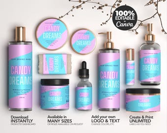 Etiquetas cosméticas editables, plantillas para etiquetas de frascos y botellas de productos para el cuidado de la piel Candy Dreams