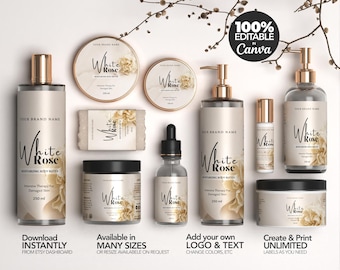 Plantillas editables para etiquetas de cosméticos, plantilla de etiqueta para productos cosméticos White Rose, etiqueta personalizada para productos corporales, etiquetas para productos y etiquetas para frascos.