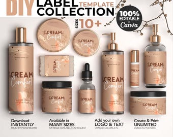 Plantillas editables para etiquetas de cosméticos, plantilla elegante para etiquetas de productos cosméticos, etiquetas personalizadas para productos corporales, etiquetas DIY para cuidado de la piel en Canva, etiquetas para frascos