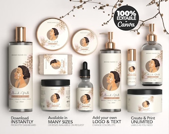 Plantillas editables para etiquetas de cosméticos, etiquetas personalizadas para productos corporales, etiquetas para el cuidado de la piel DIY, diseño de productos de belleza, etiquetas para botellas y frascos, ilustradas.