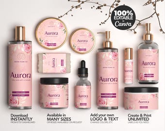 Etiqueta cosmética editable, plantilla elegante para etiquetas de productos cosméticos, etiqueta personalizada para productos corporales, etiqueta para productos de cuidado de la piel, colección Aurora