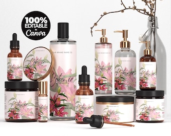 Impresionante plantilla editable para etiquetas de productos cosméticos, etiquetas personalizadas para productos corporales, etiquetas Canva Avery, etiquetas envolventes para jabón - Botánico