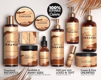 Paquete de etiquetas editables de Canva, plantilla de etiqueta personalizada para productos, etiqueta para botellas DIY, diseño de producto bohemio, etiquetas para frascos - Coco y canela