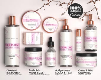Plantillas editables para etiquetas de cosméticos, plantilla para etiquetas de productos cosméticos, etiquetas personalizadas para productos corporales, colección Blooming