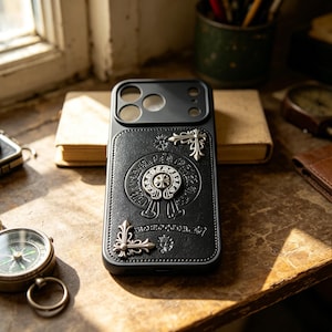 Può includere: Custodia per telefono nera con un design ornamentale. La custodia presenta un motivo in rilievo con abbellimenti color argento. Il design include un emblema circolare centrale e dettagli angolari, creando un'estetica vintage. Per smartphone.