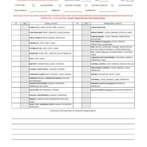 Könnte beinhalten: Eine tägliche Checkliste für Gabelstaplerfahrer, gedruckt auf weißem Papier. Die Checkliste enthält Abschnitte für Sicht- und Betriebskontrollen mit Kontrollkästchen für OK und NG. Text enthält "Equipment Hours", "Date", und "Shift D/N".