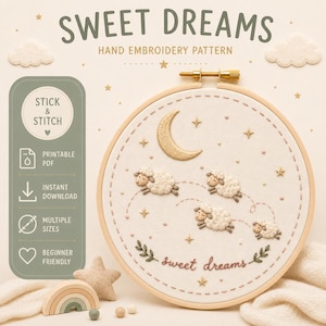 Molde de Bordado à Mão "Doces Sonhos" em PDF para Iniciantes, Design de Bordado para Quarto de Bebê, Decoração para Quarto Infantil, Presente de Bordado DIY