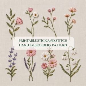 Vildblomsstick-och-stygn-paket, 8 blombroderimönster i PDF-format, utskrivbar transfer med botaniskt handbroderi, nybörjardesign
