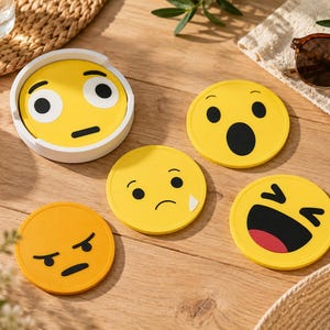 Könnte beinhalten: Ein Set aus vier runden gelben Untersetzern mit verschiedenen Emoji-Gesichtsausdrücken, darunter ein neutrales Gesicht, ein überraschtes Gesicht, ein trauriges Gesicht mit Träne und ein lachendes Gesicht, wobei ein Untersetzer in einem weißen Halter liegt.
