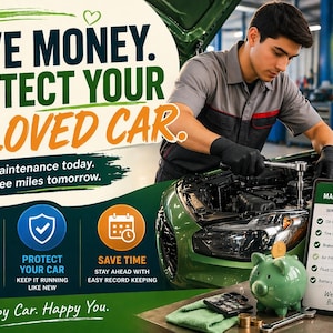 May include: An advertisement for car maintenance, showing a mechanic working on a green car. A piggy bank and a maintenance record are also visible. The text reads "Save Money, Protect Your Beloved Car" and "Happy Car. Happy You."