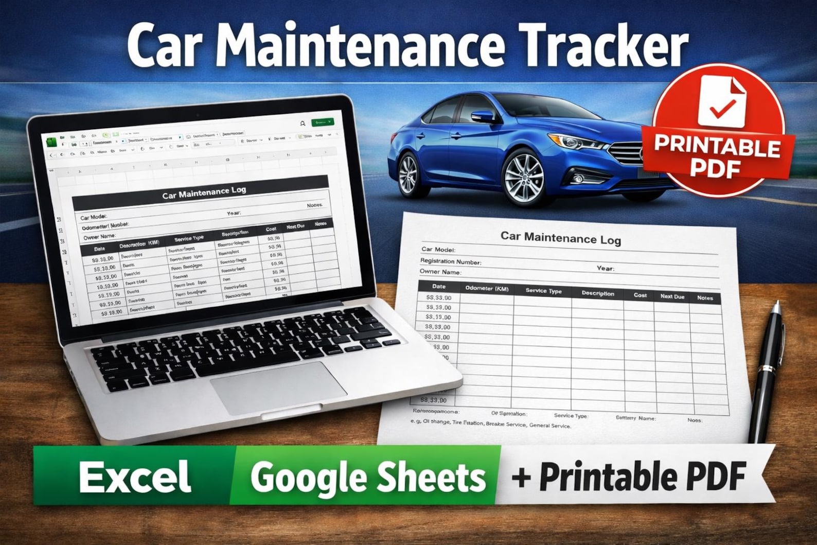 Car Maintenance Log | Vehicle Repair and Service Record | Excel, Google ...