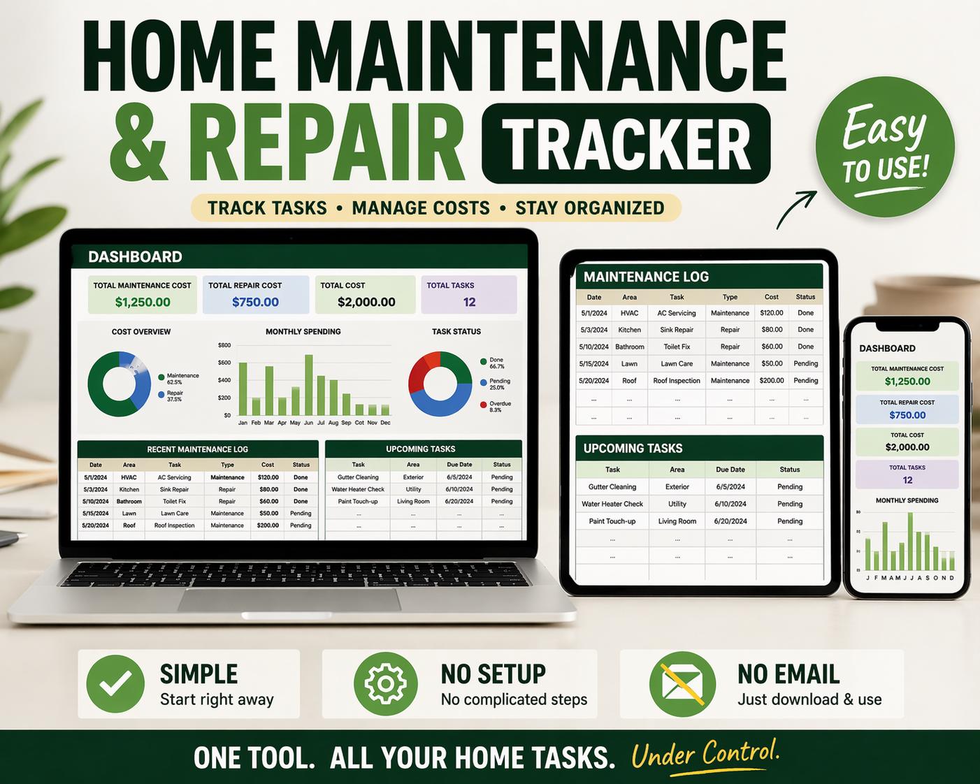 Home Maintenance Tracker | Repair Log, Expense Dashboard (excel, Google ...