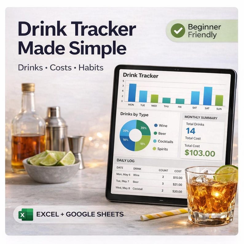 Alcohol Tracking System Alcohol Spending Log | Alcohol Tracking | Drinking Cost Tracker | Excel ...