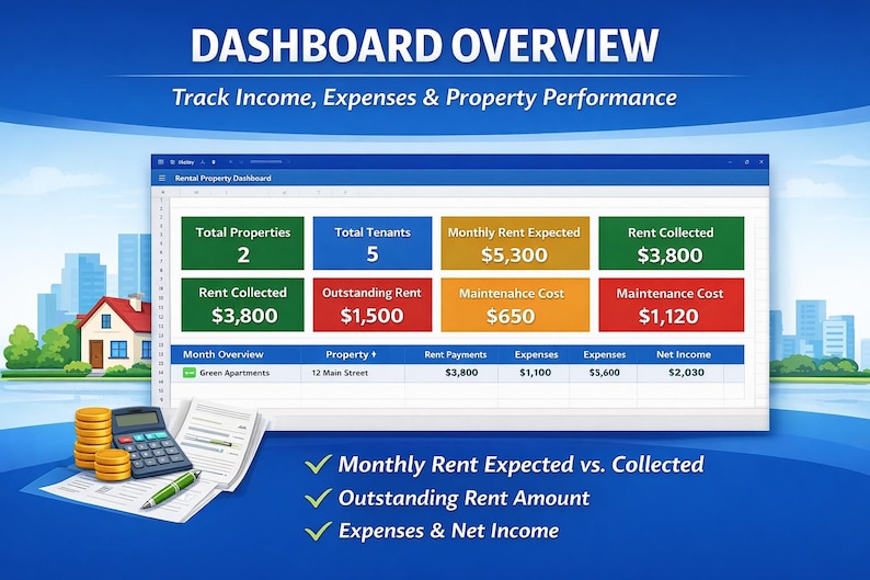 Landlord Rental Property Tracker, Income Expense Dashboard (excel ...