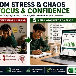 Puede incluir: Un anuncio que promueve la preparación de exámenes. La imagen contrasta a un estudiante estresado con un estudiante que usa una computadora portátil. El texto incluye "Del estrés y el caos al enfoque y la confianza" y "¡Planifica hoy, triunfa mañana!"