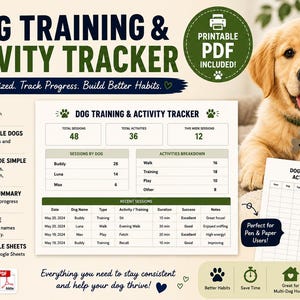 Può includere: Un cucciolo di golden retriever sorridente è seduto accanto a un tracker stampabile per l'addestramento e l'attività del cane. Il tracker include sezioni per sessioni, attività e un registro giornaliero. Il testo sul tracker recita "Dog Training & Activity Tracker."