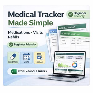 Op de afbeelding: Een medische tracker met de tekst "Medical Tracker Made Simple" en pictogrammen voor medicijnen, bezoeken en navullingen. De afbeelding bevat een laptop met een medicatielogboek, samen met papieren logboeken en de tekst "Beginner Friendly."