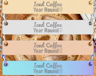 Iced Coffee Year Round Necklace, Iced Coffee Lover Bar Necklace, Engraved Horizontal Necklace, Barista Gift, Trendy Caffeine Jewelry