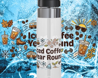 Iced Coffee Year Round Sport Water Bottle, Funny Coffee Drinker Travel Bottle, Cold Brew Gift for Active Coffee Fans, 20oz Water Container