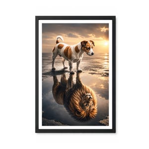 May include: A framed wall art print featuring a white and brown Jack Russell Terrier standing on a reflective surface at sunset. The reflection in the water shows the image of a majestic lion with a full mane, creating a surreal visual contrast.