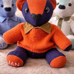 May include: A stuffed bear toy with a dark purple and orange textured fabric body, wearing an orange knit sweater and a brown collared shirt. The bear has black button eyes, a black nose, and the name IAN embroidered in white on its left foot.