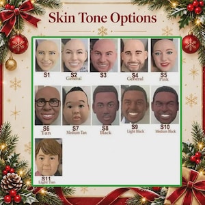 May include: A chart titled Skin Tone Options displaying eleven distinct facial portraits labeled S1 through S11. Each portrait represents a different skin tone, ranging from light to dark, with various facial features, hairstyles, and expressions.