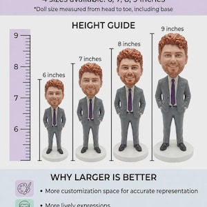 May include: A height guide for custom bobblehead dolls showing four figures in grey suits with purple ties, ranging from 6 to 9 inches tall. The text includes SIZE OPTIONS, 4 sizes available: 6, 7, 8, 9 inches, and WHY LARGER IS BETTER with bullet points.