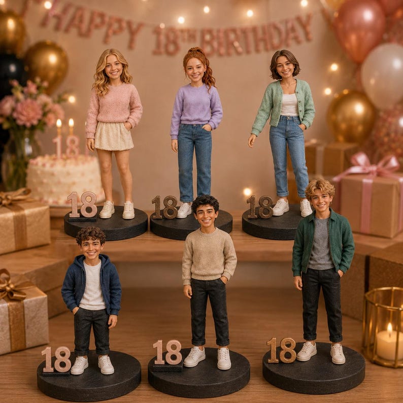 May include: Six individual figurines of young adults standing on circular black bases, each accompanied by a small number 18. The figures wear casual clothing including sweaters, jeans, skirts, and jackets, displayed in a festive birthday setting.