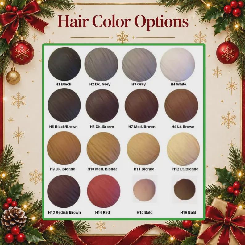 May include: A color chart titled Hair Color Options displaying sixteen circular swatches labeled H1 through H16. The colors range from black, grays, and whites to various shades of brown, blonde, red, and two bald skin tone circles.