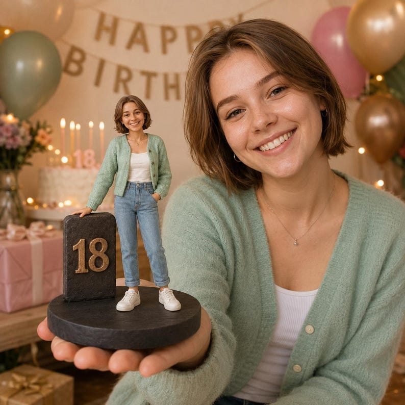 May include: A custom figurine depicting a person with short brown hair wearing a light green cardigan, white top, blue jeans, and white sneakers. The figure stands on a circular black base next to a rectangular black plaque featuring the gold number 18.