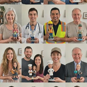 May include: A collection of sixteen individual custom bobblehead figurines, each depicting a person in a specific profession or hobby, including a baseball player, doctor, cyclist, bride and groom, knitter, construction worker, fisherman, musician, chef, and police officer.