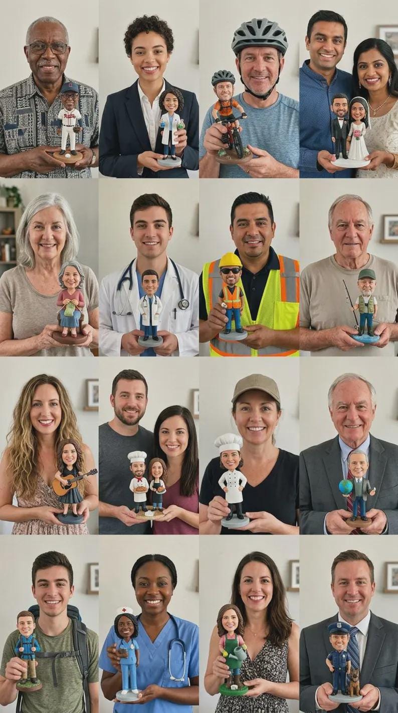 May include: A collection of sixteen individual custom bobblehead figurines, each depicting a person in a specific profession or hobby, including a baseball player, doctor, cyclist, bride and groom, knitter, construction worker, fisherman, musician, chef, and police officer.