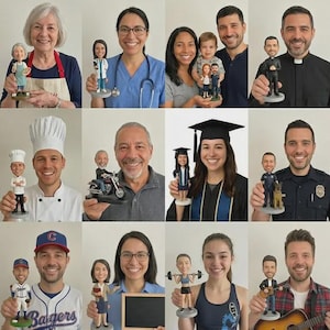 May include: A collection of twenty individual portraits showing people holding custom bobblehead figurines that resemble them. Each figurine is dressed in professional attire, uniforms, or casual clothing, reflecting the specific occupation or hobby of the person.