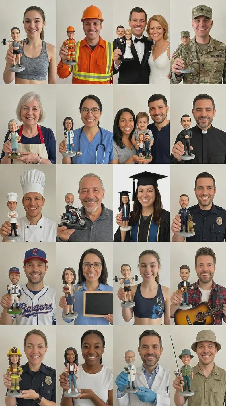 May include: A collection of twenty individual portraits showing people holding custom bobblehead figurines that resemble them. Each figurine is dressed in professional attire, uniforms, or casual clothing, reflecting the specific occupation or hobby of the person.