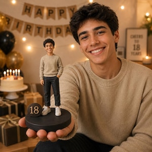 May include: A custom figurine of a young person with dark curly hair, wearing a beige long-sleeve sweater, dark trousers, and white sneakers. The figurine stands on a round black base featuring a circular plaque with the number 18 in gold.