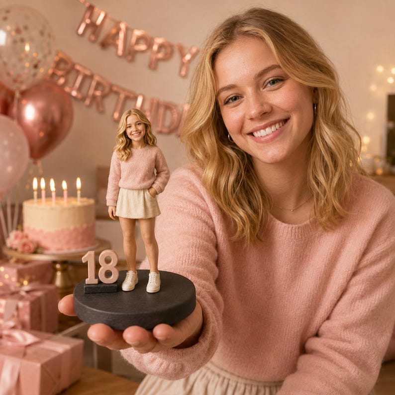 May include: A custom 3D figurine of a person with blonde hair wearing a pink long-sleeve sweater, a light-colored skirt, and white sneakers. The figurine stands on a circular black base next to a small block displaying the number 18 in pink.