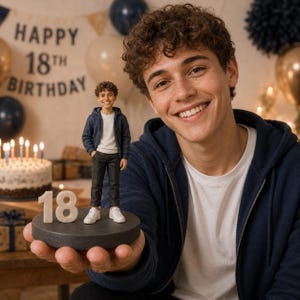 May include: A custom figurine of a young person with curly brown hair, wearing a navy blue zip-up hoodie, white t-shirt, dark trousers, and white sneakers. The figurine stands on a circular base next to a white number 18 birthday decoration.
