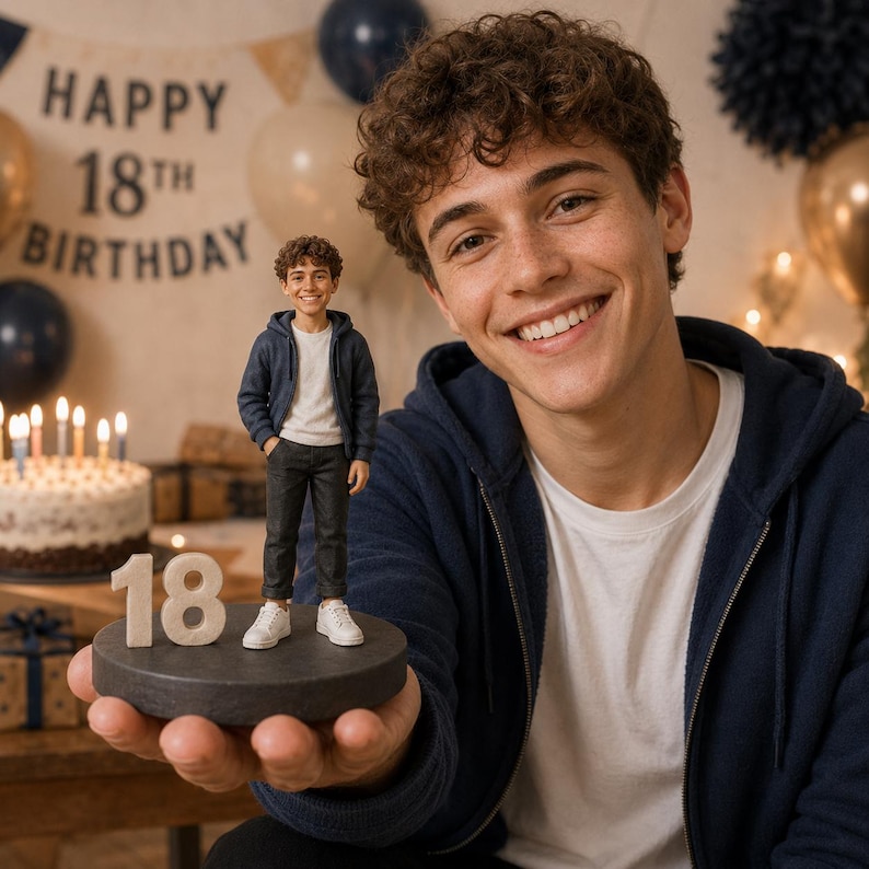 May include: A custom figurine of a young person with curly brown hair, wearing a navy blue zip-up hoodie, white t-shirt, dark trousers, and white sneakers. The figurine stands on a circular base next to a white number 18 birthday decoration.