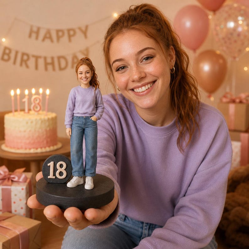 May include: A custom figurine of a person with red hair tied in a ponytail, wearing a light purple long-sleeve sweater, blue jeans, and white sneakers. The figurine stands on a black circular base next to a circular plaque with the number 18.