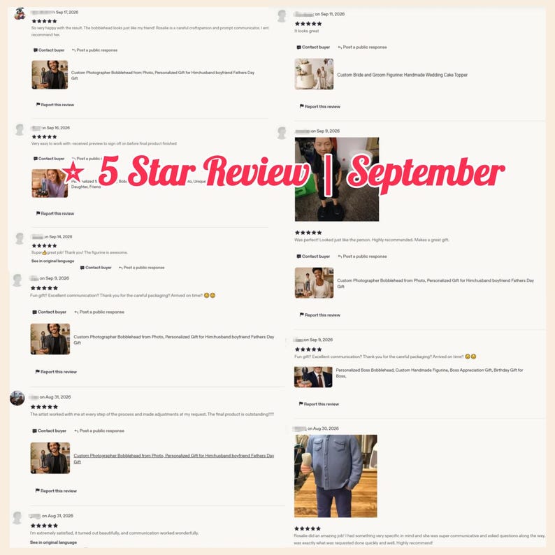May include: A digital collage of customer reviews featuring five-star ratings and small thumbnail images of custom bobblehead figurines and cake toppers, with the bold red text 5 Star Review | September centered across the middle of the layout.