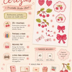 Cherry Printable Stickers | Hand Drawn Journal Stickers | Kawaii Planner Stickers | A5 A6 Digital Download