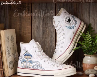 Zapatillas con bordado de setas, zapatillas altas de lona con estilo estético, calzado cottagecore, zapatos con motivos naturales, regalo para mujer.