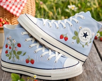 Floral Embroidered Sneakers, Custom Converse Shoes, Blue Strawberry Shoes, Handcrafted Embroidered Sneakers, Unique Gift Idea