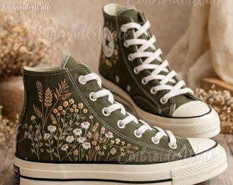 Embroidered Floral Sneakers, Vintage Wildflower Shoes, Cottagecore Aesthetic, Handmade Style Canvas Shoes, Gift for Her